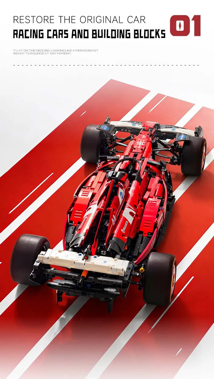 A red 1:8 scale open-wheel racing car building kit with wheels and chassis components displayed on a red background.