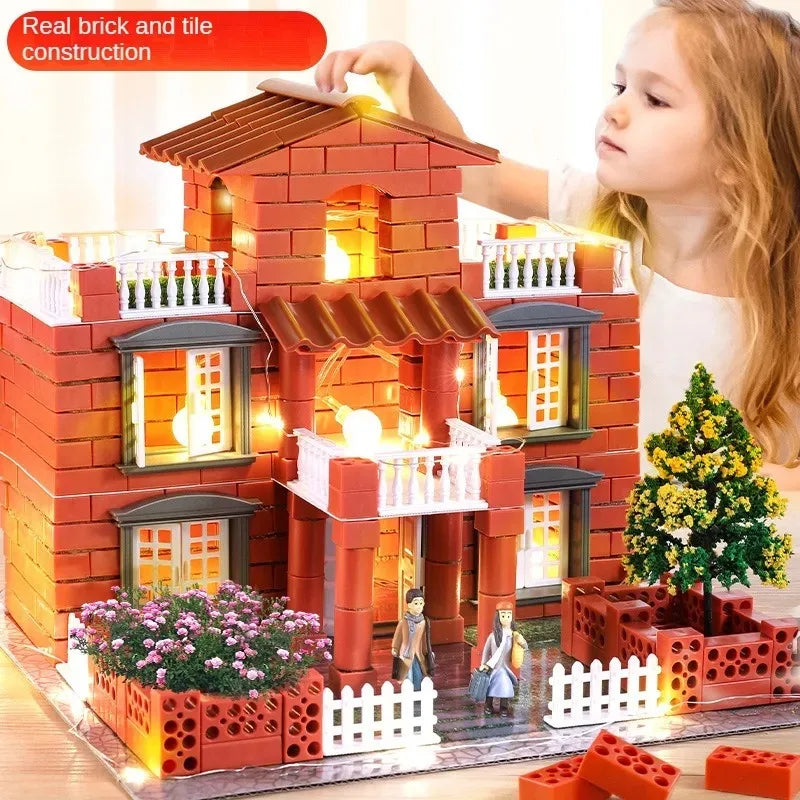 A young girl is building a brick and tile construction model of a house with miniature figures.