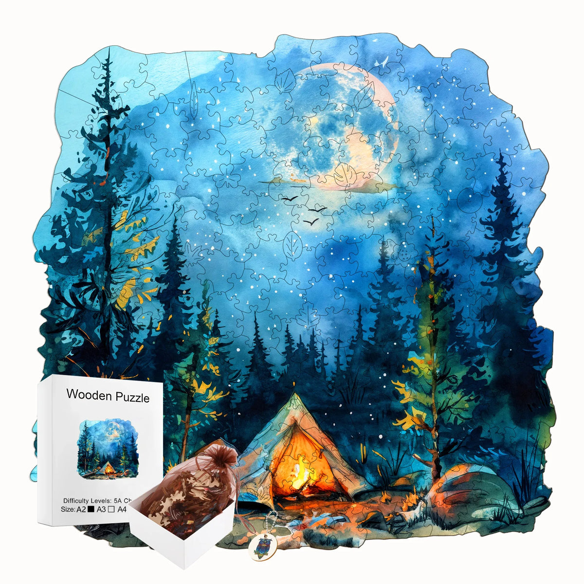 An artistic wooden jigsaw puzzle depicting a nighttime forest scene with trees and a large moon