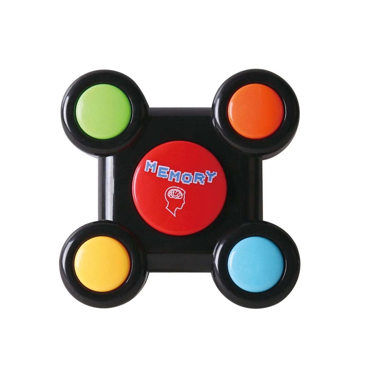 A black memory game board with colored buttons, including green, orange, red, and yellow.