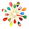 A collection of colorful wooden sand hammers or percussion instruments for kids.