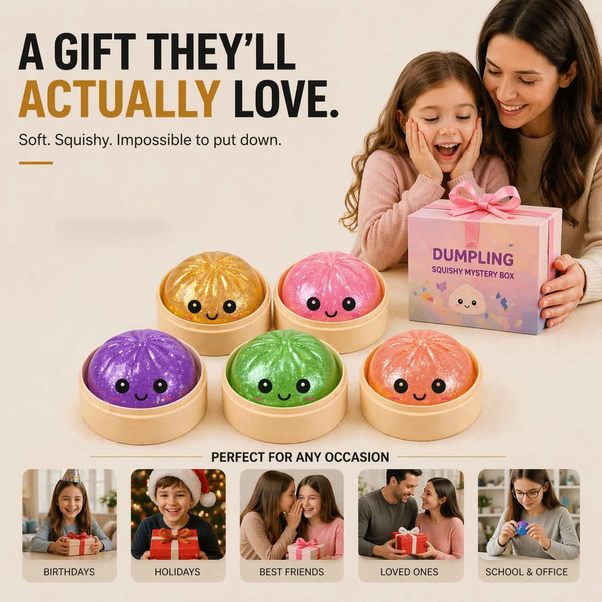 Eine Box mit glitzernden Squishy-Geheimspielzeugen in verschiedenen Farben und Themen zum Verschenken