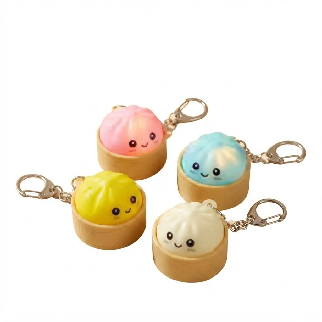 A set of three squishy dumpling keychains in pink, blue, and white with attached metal rings.