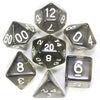 A collection of various acrylic dice including a d12, d20, and d8, scattered on a white surface.