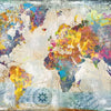 A vintage-style map of the world painted with vibrant colors and textures.