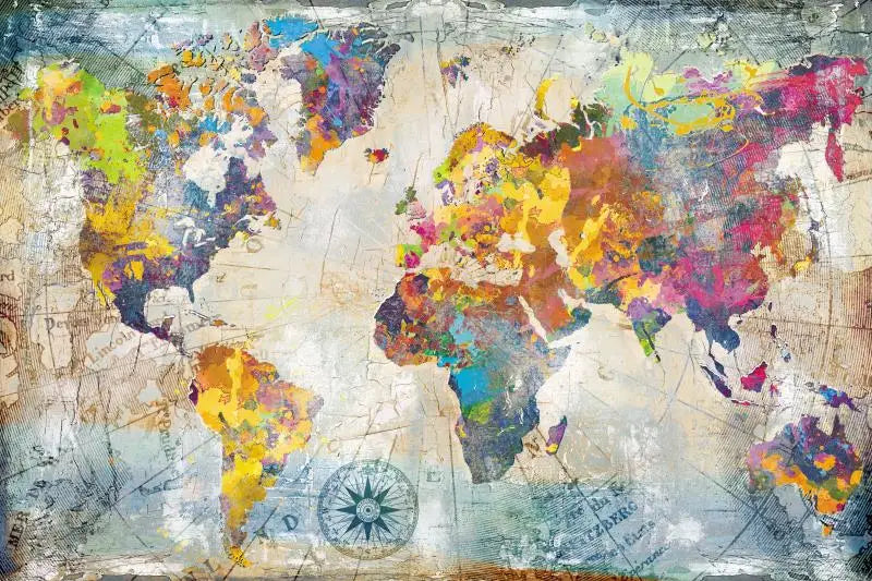 A vintage-style map of the world painted with vibrant colors and textures.