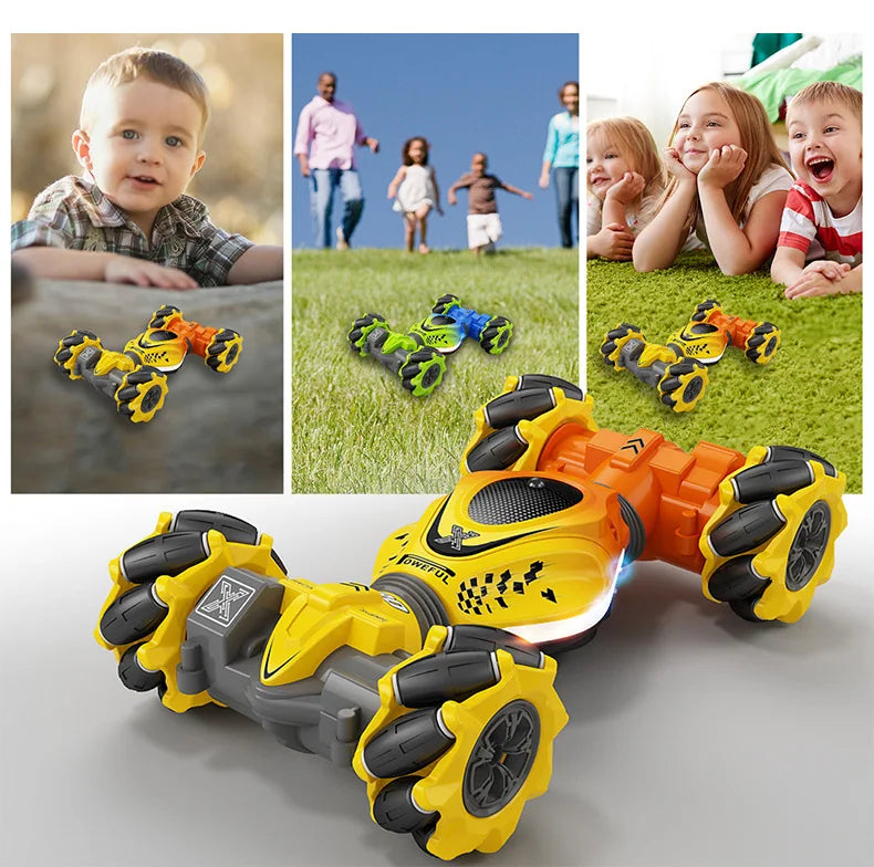 A yellow remote control stunt car with gesture and watch control is shown alongside children and outdoor settings.