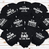 A set of black funny family matching t-shirts featuring text like I'm the Grandpa, Uncle, Grandma, Mom, Dad, and the Youngest