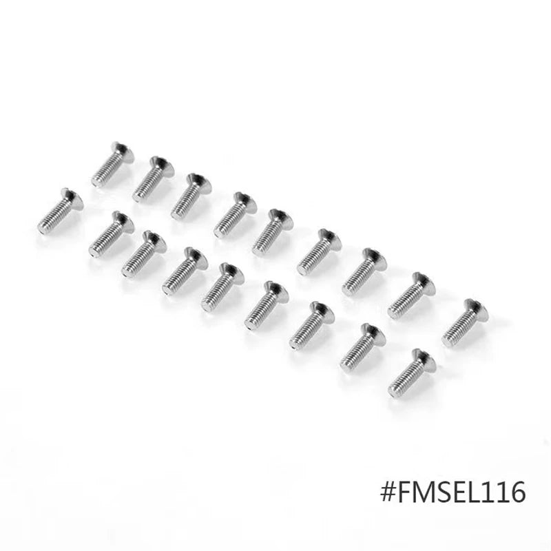 A collection of small metal screws and bolts used as replacement parts for an RC airplane.