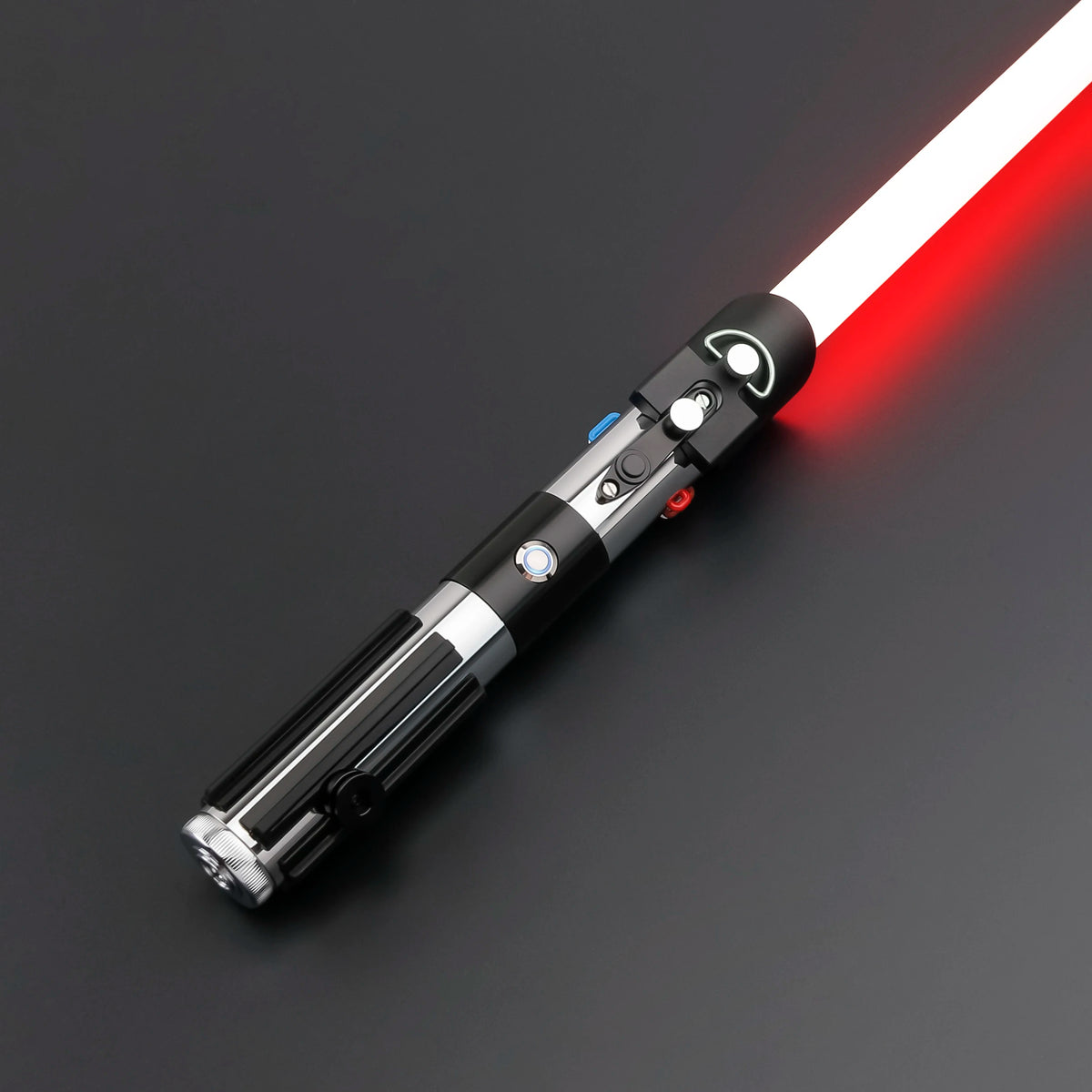 A Darth Vader Neopixel lightsaber with a red blade and a soundboard component shown diagonally against a dark background.