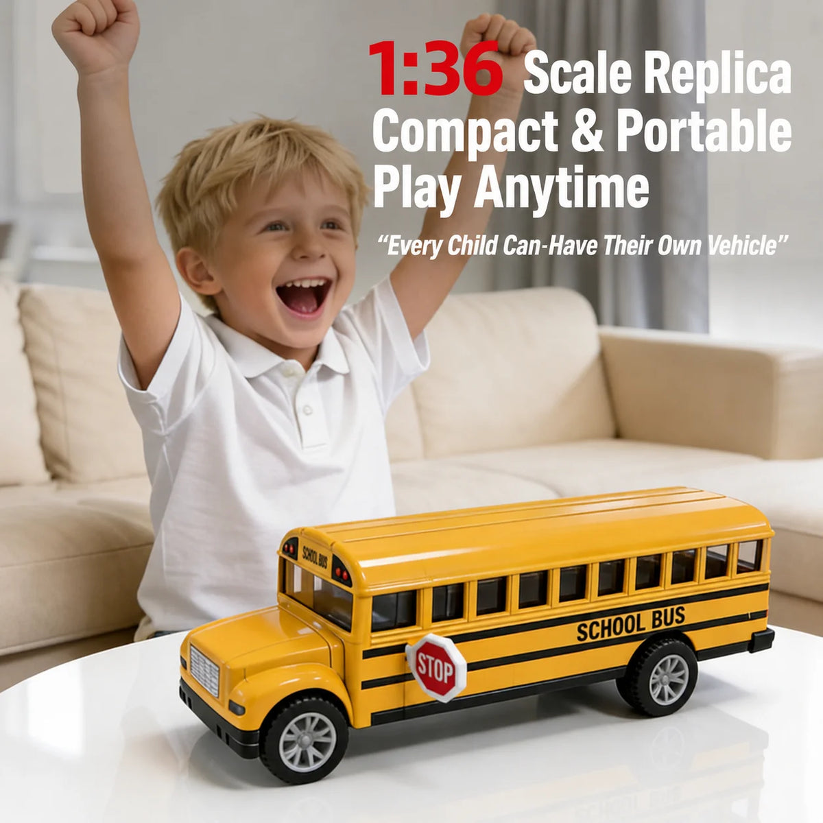 A child is playing with a yellow die-cast school bus replica.