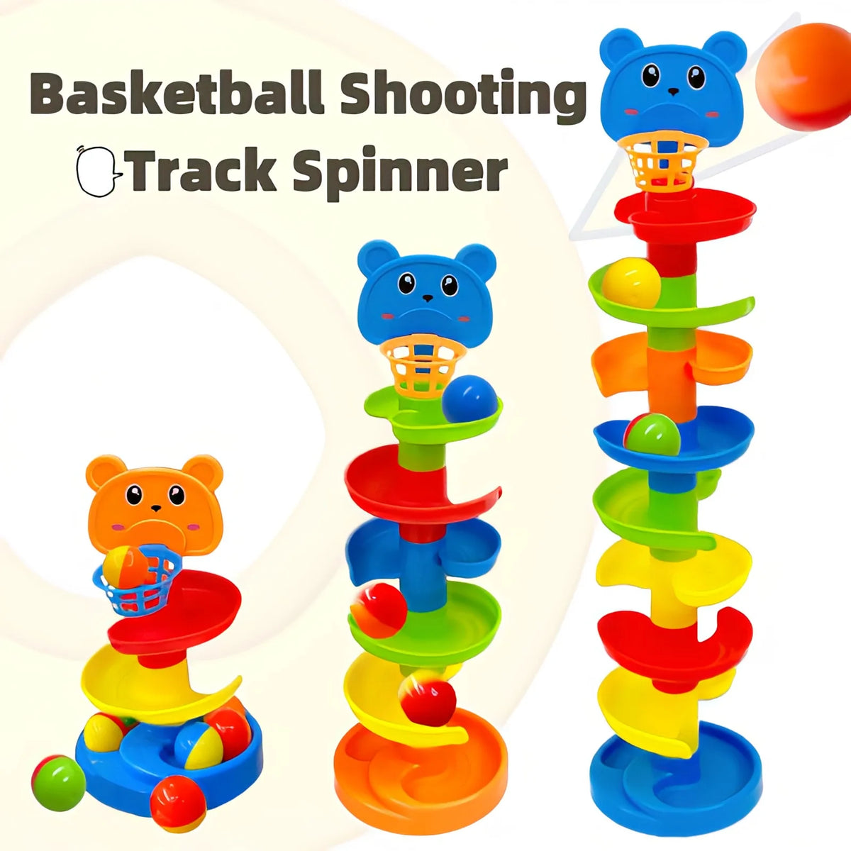 A colorful basketball shooting track spinner toy with rolling balls and a drop mechanism.