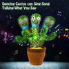 A green cactus toy with a face is shown, surrounded by musical notes and dancing green figures.