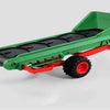 A green remote control tractor with a trailer is shown from the side.