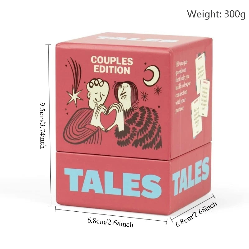 A box of Tales Couples Edition conversation starter cards with a pink and white design.