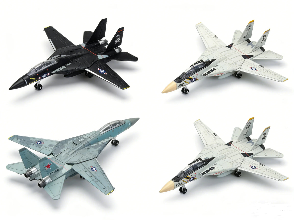 Three models of military fighter jets F14 Tomcat, SU57, and SU35 displayed in various angles.