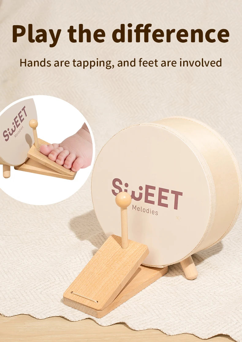 A wooden musical toy featuring a drum set where hands and feet are involved for play.