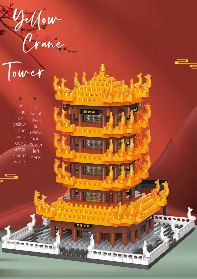 An orange and yellow micro building block model of the Yellow Crane Tower structure.