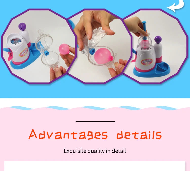 A DIY animal balloon craft kit showing hands assembling a pink octopus and monster figure with clear balloons.