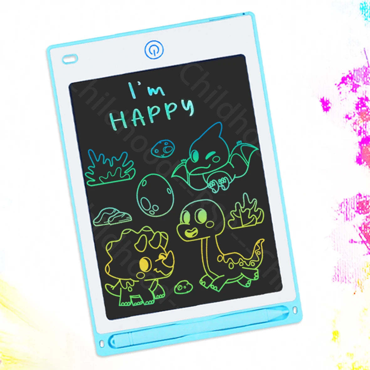 A light blue writing tablet displaying the text I'm HAPPY written in bright green chalk-like lines.