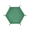 A green foldable PU leather hexagonal dice tray for tabletop games and desk organization.