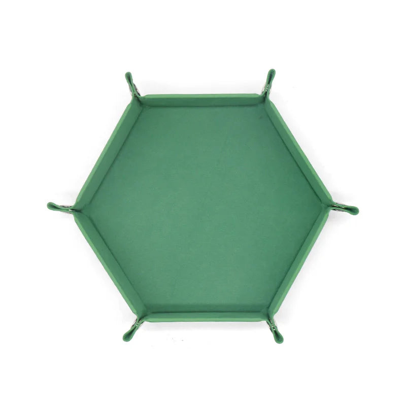 A green foldable PU leather hexagonal dice tray for tabletop games and desk organization.