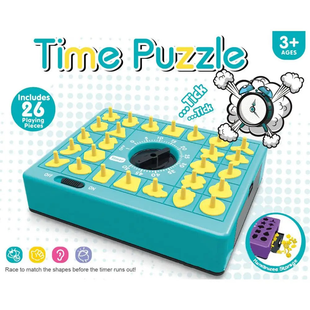 Jeu de puzzle bleu Time avec des formes jaunes et un mécanisme de minuteur pour enfants.
