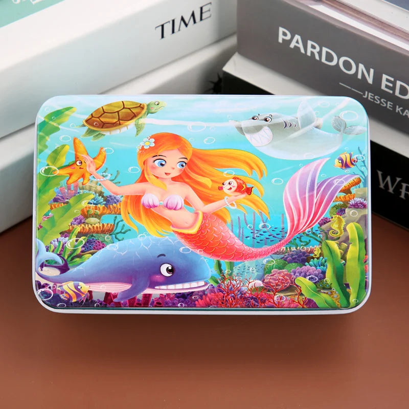 A colorful jigsaw puzzle featuring various wooden animals and vehicles for kids.