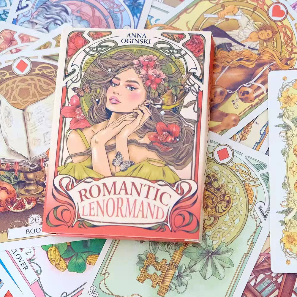 A stack of Romantic Lenormand oracle cards featuring various tarot-style illustrations and a prominent box.