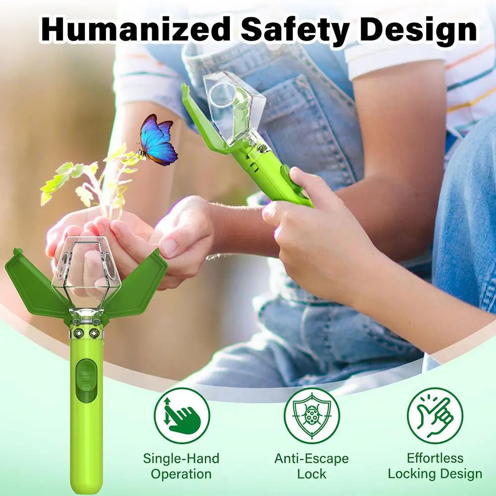 A green hand-operated bug catcher with a magnifying viewer is shown being used by a child.