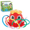 A red cartoon fire hydrant water spray toy with yellow accents and blue tubing for outdoor play.
