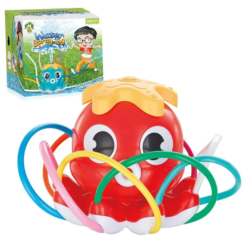 A red cartoon fire hydrant water spray toy with yellow accents and blue tubing for outdoor play.