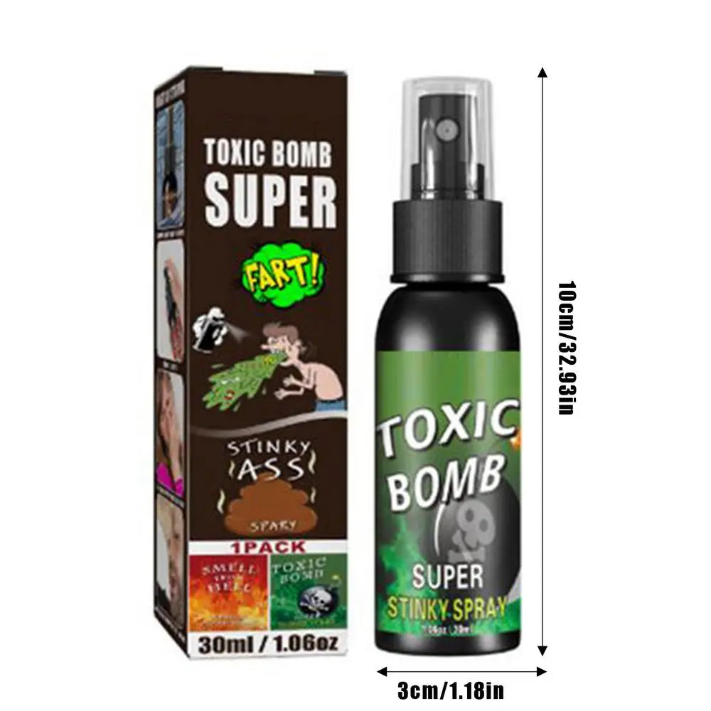 A black bottle of Toxic Bomb Super Stinky Spray with a cardboard box and label