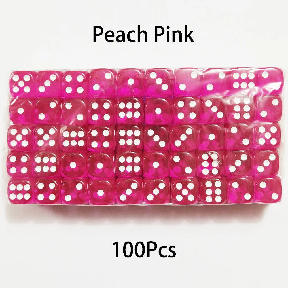 A pack of 100 peach pink acrylic six-sided dice with white dots.