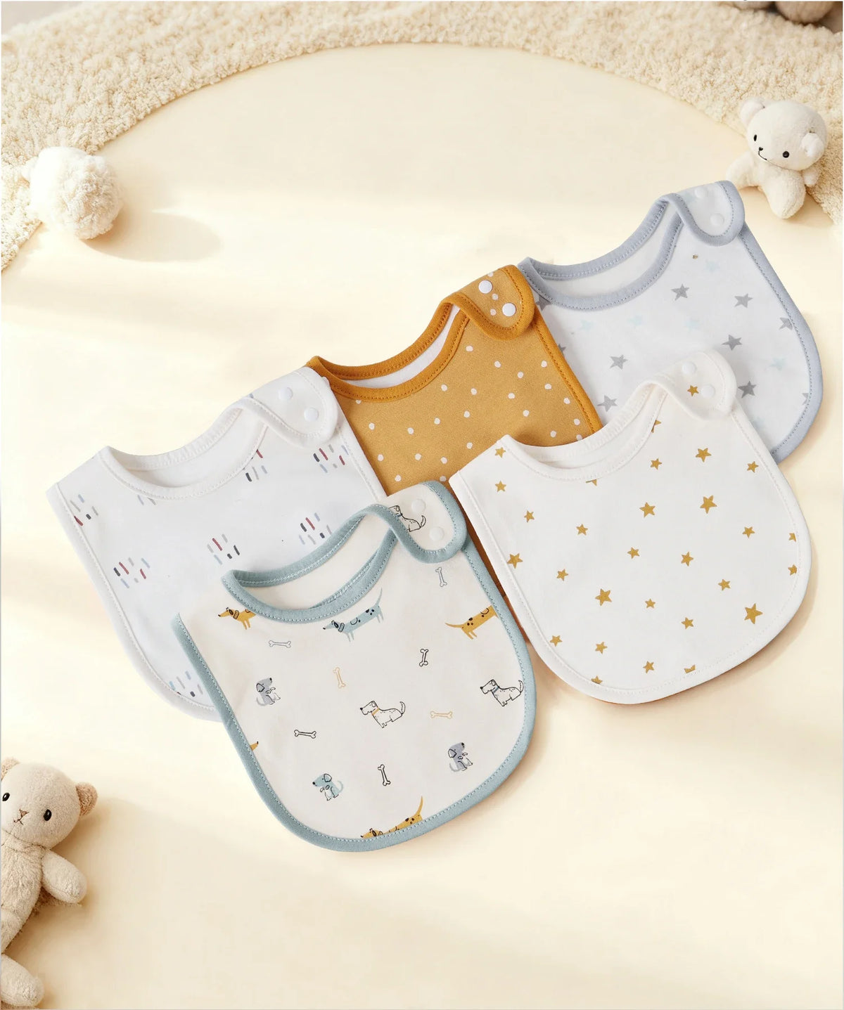 Soft Cotton Baby Bibs (5-Pack) with U-Shaped Catch-All Design