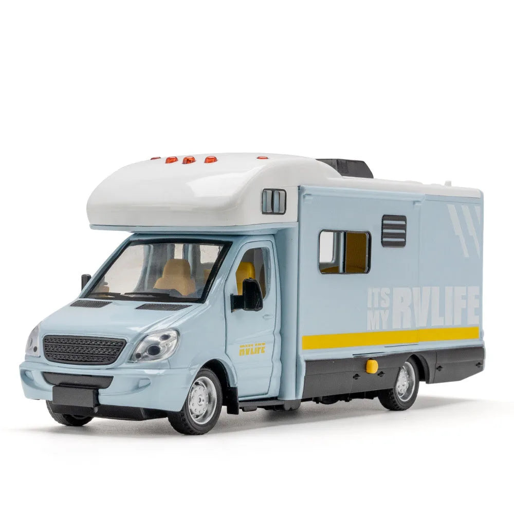 A light blue diecast camping RV model with a white roof and yellow accents.