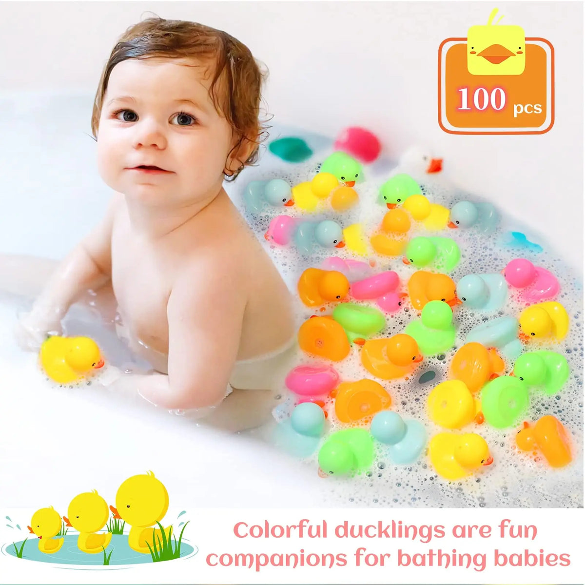 A baby is shown bathing in water with many colorful silicone rubber ducks for bath and play
