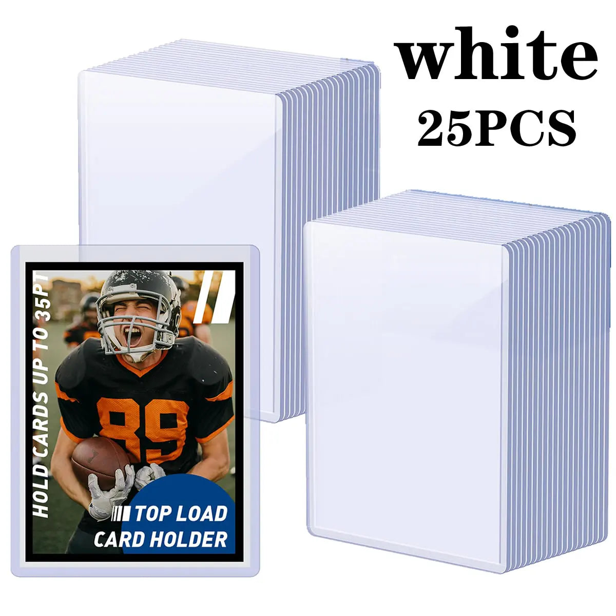 White trading card holders with a card sleeve shown next to the product packaging.