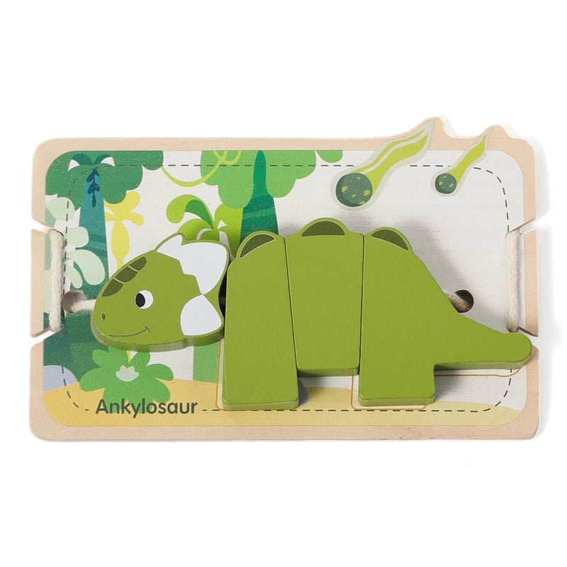 A wooden dinosaur toy set featuring a green Ankylosaur model for threading and stacking.