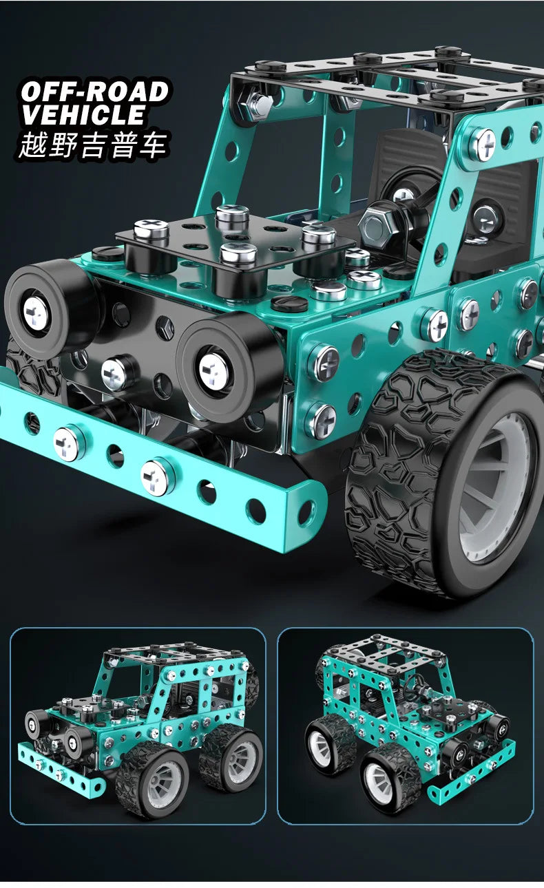 A detailed model of an off-road vehicle built from metal building blocks, featuring large tires and a rugged chassis.