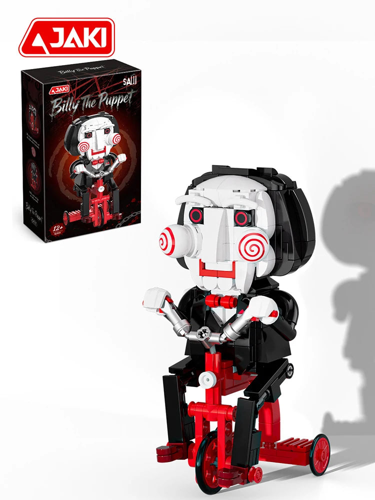 A black and red puppet model of Billy the Puppet from the Jakis horror movie set with a voice recorder.