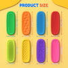 A set of five silicone fidget strips in various colors including green, orange, blue, red, and pink, shown with size measurem