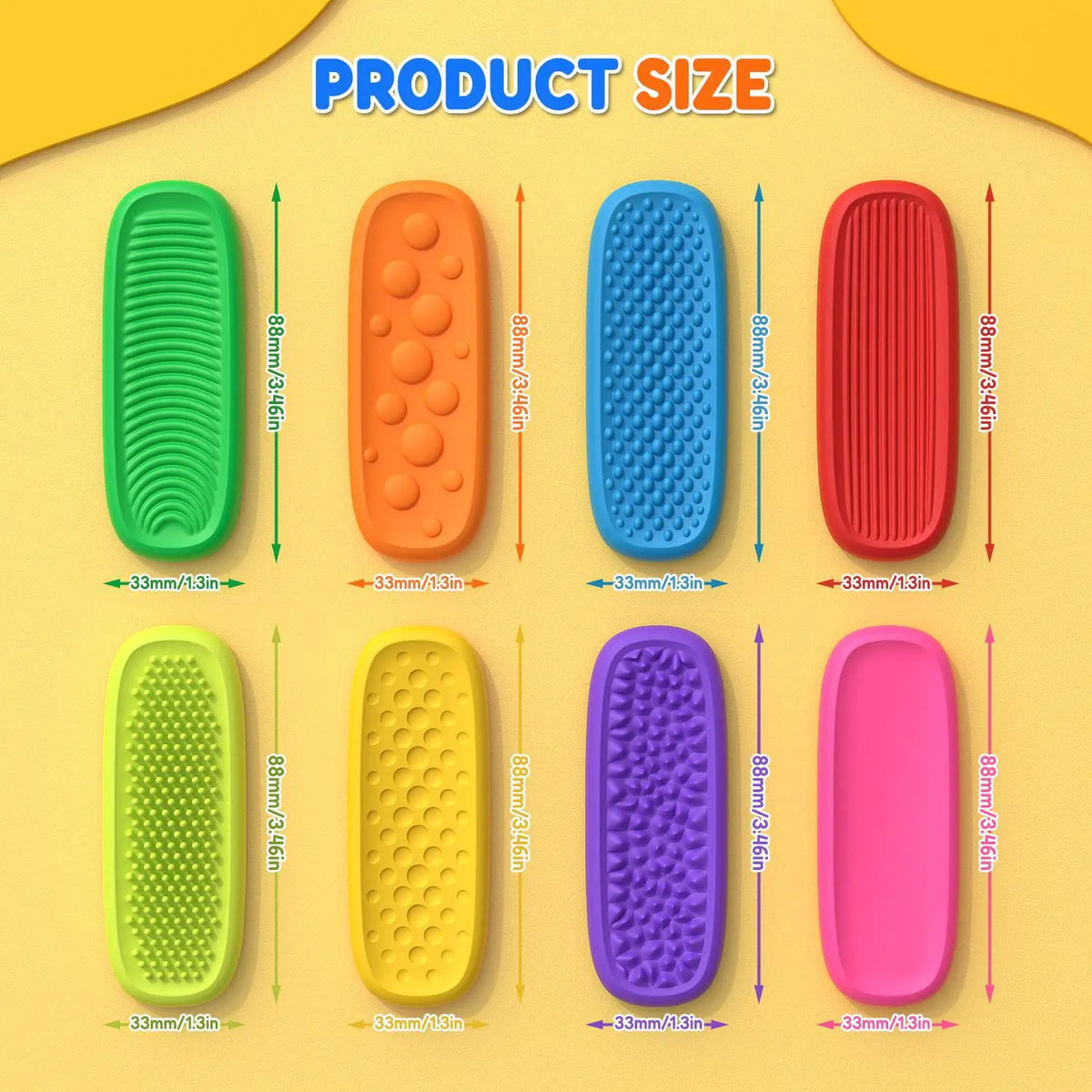 A set of five silicone fidget strips in various colors including green, orange, blue, red, and pink, shown with size measurem