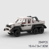 A model of a classic rally car built from LEGO-style blocks, featuring black and white components.