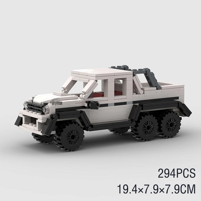 A model of a classic rally car built from LEGO-style blocks, featuring black and white components.