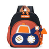 A brown and orange cartoon digger truck backpack for children with a padded shoulder strap.