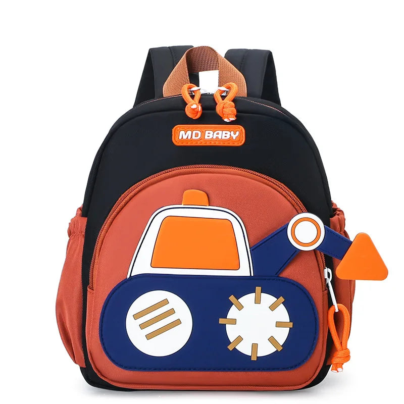 A brown and orange cartoon digger truck backpack for children with a padded shoulder strap.