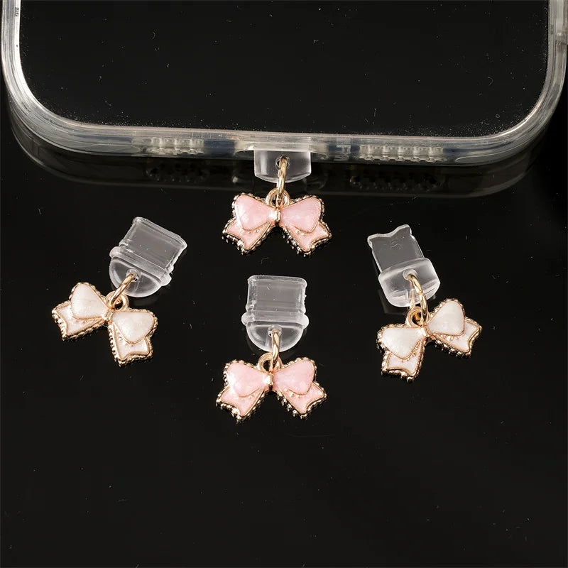 Pink & White Bowknot Phone Dust Plug