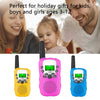 A set of three mini walkie talkie radios in yellow, pink, and blue are shown with smiling adults and a child.