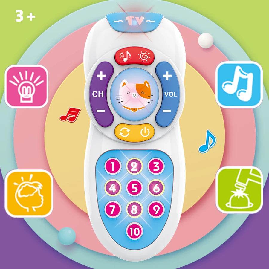 A white interactive baby remote control toy featuring buttons for TV, music, and lights.